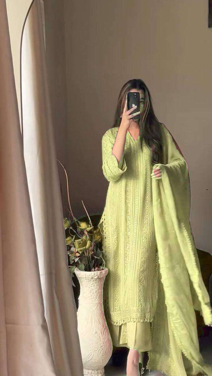Women's Chinon Silk with Cotton Thread Embroidery Straight Kurti With Pant and Dupatta set - Image 11