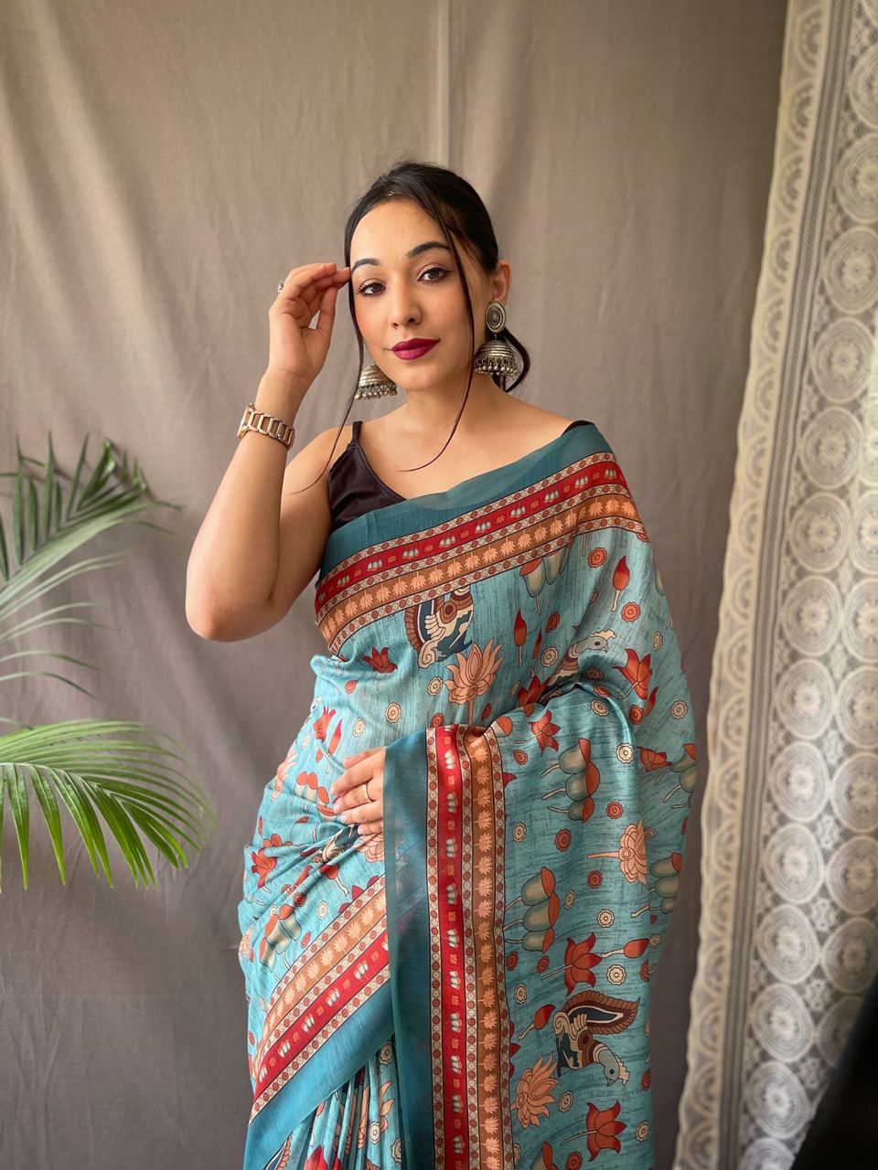 Women's Artistic Terracotta Orange Linen Saree with Kalamkari Inspired Print & Tassel Detailing – Perfect for Casual Festivities & Cultural Events - Image 13
